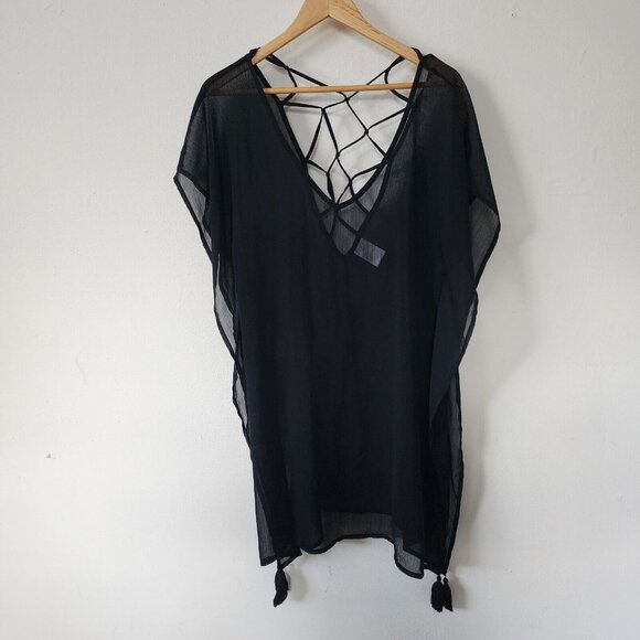 Kona Sol Black Swimsuit Cover Small Black Solid Sheer Open Back - Picture 1 of 4